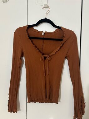 Free People Ribbed Tie-Front Long Sleeve Top - Brown